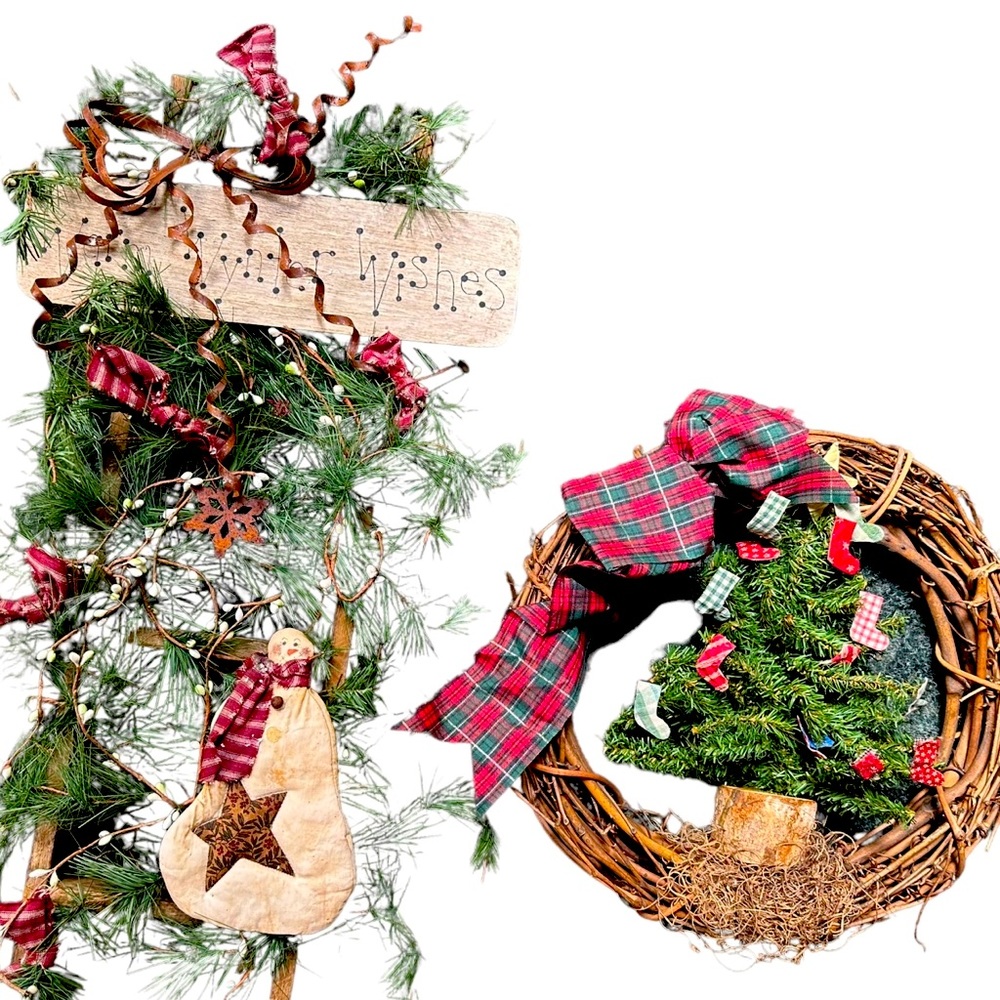 2 Christmas decorations - wreath & ladder.